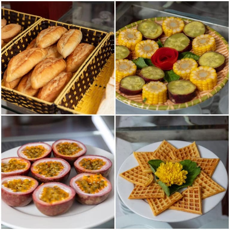 Homestay gần sân bay Nội Bài - The Gateway Garden House Noi Bai phục vụ bữa sáng buffet ngay tại nhà hàng trong khuôn viên với menu đa dạng.