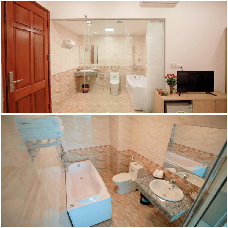 Phòng tắm của khách sạn Anova có bồn tắm lớn, làm từ nguyên liệu cao cấp, đảm bảo đem đến trải nghiệm trọn vẹn nhất cho mọi du khách.