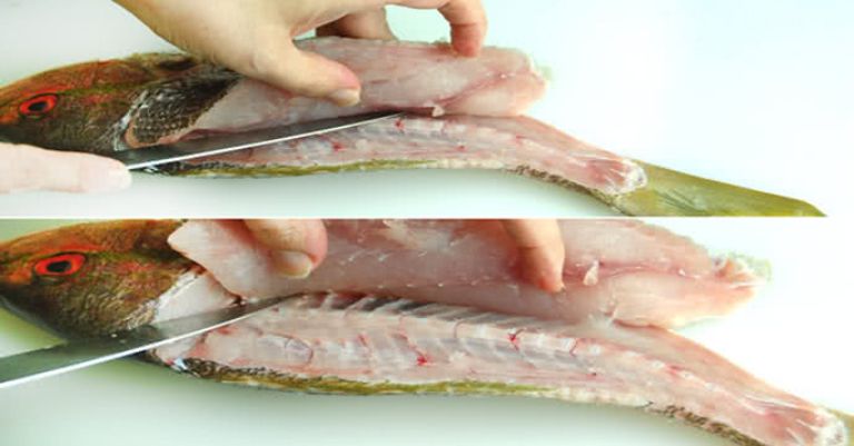 Lọc phần thịt cá để làm chả cá, còn phần xương để nấu nước dùng. 