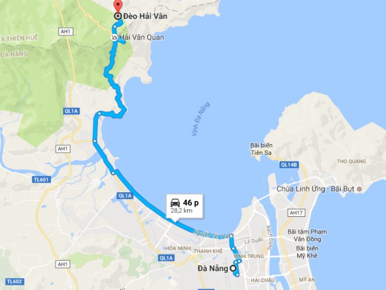 Lộ trình tuyến đường ven biển đến Đèo Hải Vân.