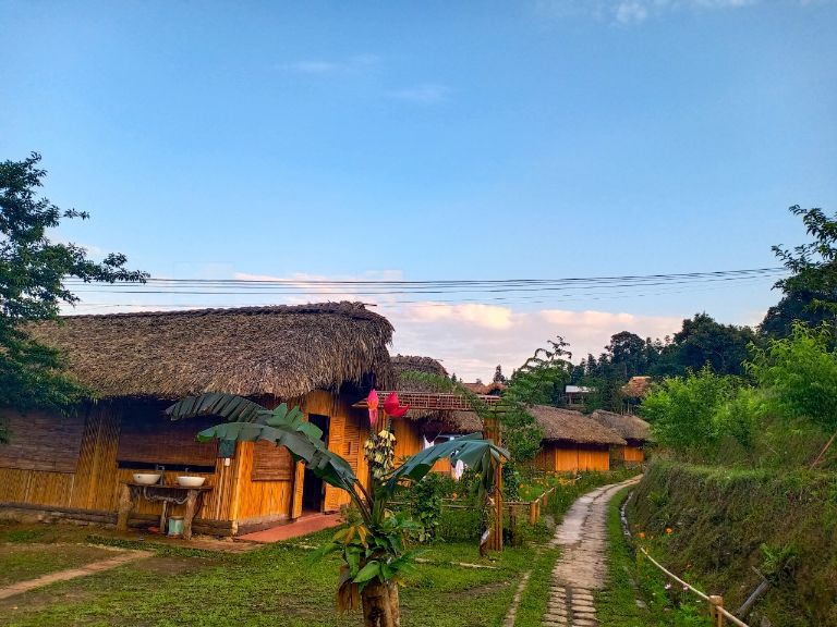 Khung cảnh yên bình tựa như một ngôi làng nhỏ ngay tại homestay Hoàng Su Phì Bungalow.