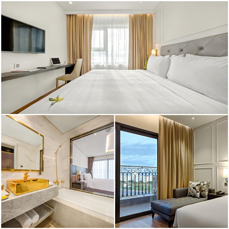 Mỗi hạng phòng tại Danang Golden Bay đều có nội thất dát vàng và tầm nhìn mở rộng ra các cảnh quan khác nhau.
