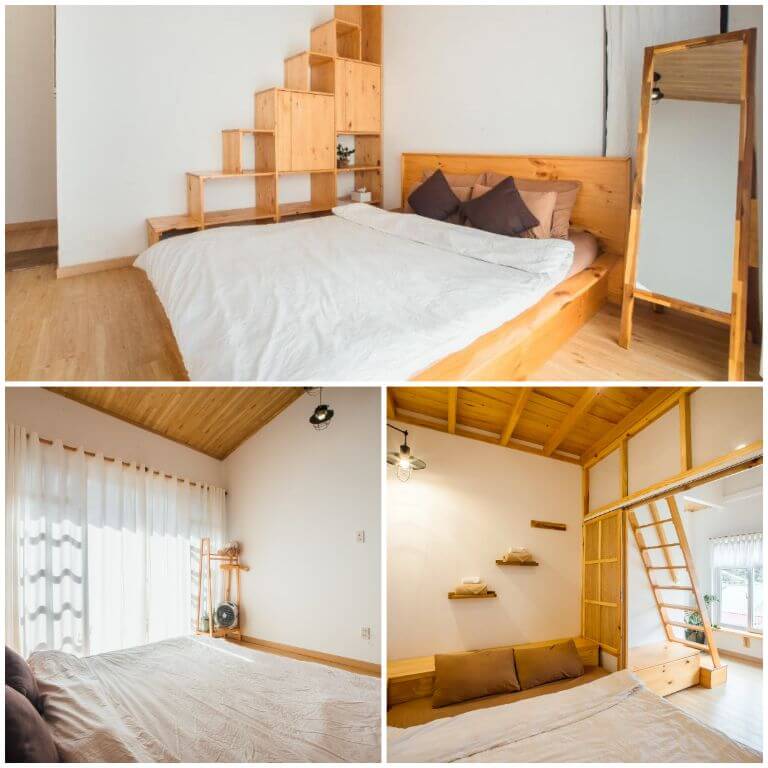 Phòng nghỉ của Chái Bơ Homestay Đà Lạt sử dụng chất liệu gỗ mộc mạc, gần gũi với thiên nhiên 