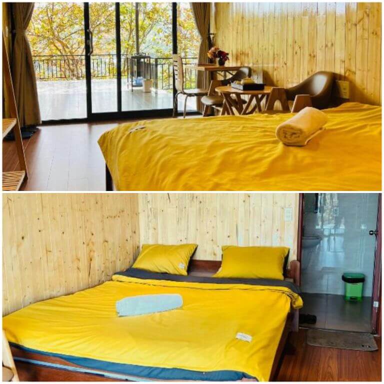 Giường đôi cỡ lớn 1m6x2m được trang bị đủ dành cho 2 - 4 người khi lưu trú tại MIMOZA FARM 