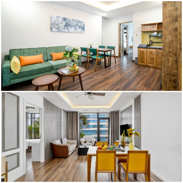 Khu vực phòng khách và phòng ăn được bố trí hài hòa giữa các gam màu xanh và nội thất gỗ. (Nguồn: Internet)