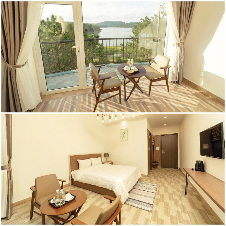 Phòng ngủ 2 người có thiết kế cổ điển, truyền thống với view nhìn thẳng ra hồ Tuyền Lâm tuyệt đẹp. (Nguồn: Internet)
