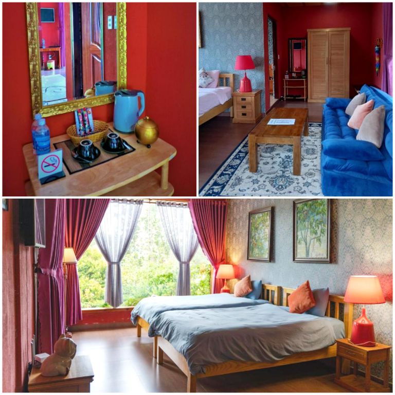 Phòng 2 giường đơn nổi bật với sự kết hợp hài hòa giữa 2 màu xanh dương và đỏ ruby. (Nguồn: Internet)