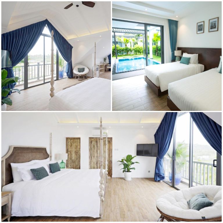 Phòng nghỉ ở Sunset Sanato lấy cảm hứng từ phong cách Địa Trung Hải với tông xanh mint vô cùng thu hút (nguồn: facebook.com)
