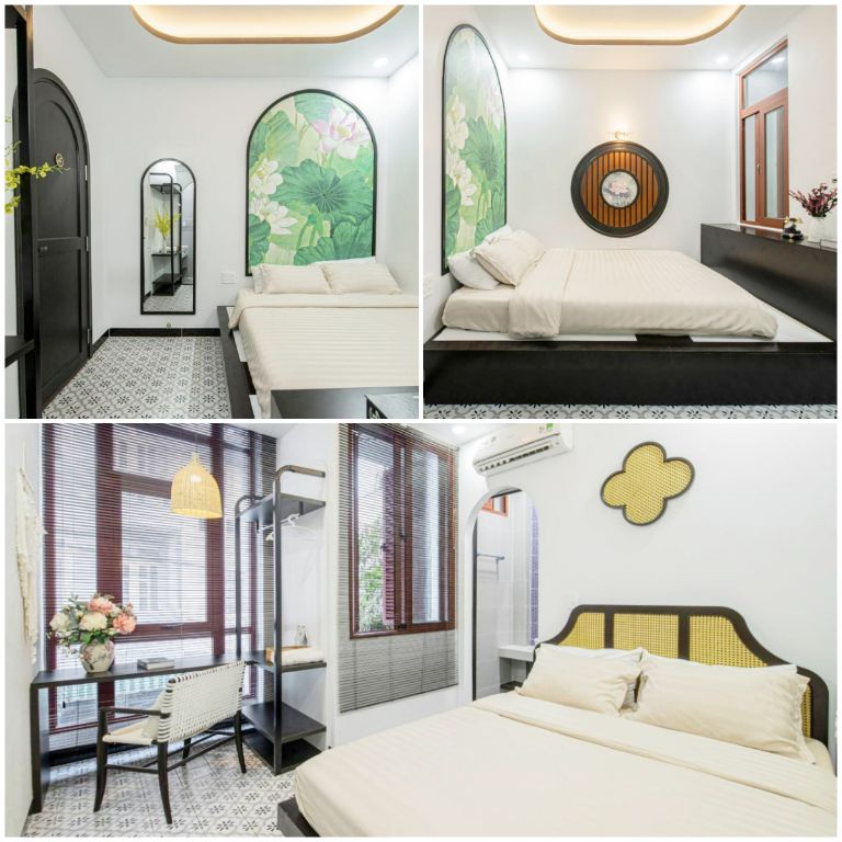 Phòng ngủ mang đậm nét Đông Dương cổ điển với những chi tiết đặc trưng như sàn gạch bông và nội thất tối màu. (Nguồn: Internet)