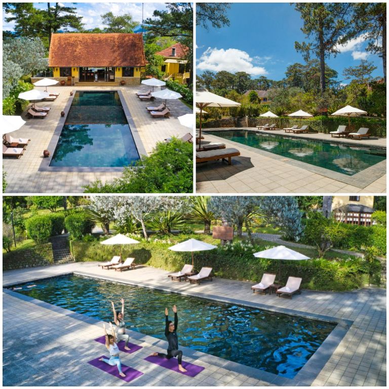 Bể bơi vô cực ngoài trời được nằm giữa khu vườn nhiệt đới xanh mát, mang đến cảm giác yên bình, thư thái. (Nguồn: Internet)