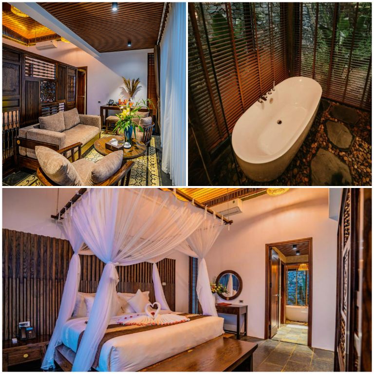Phòng nghỉ rộng rãi với điểm ăn tiền là khu vực bồn tắm có tầm nhìn đẹp ra vườn trong. (Nguồn: puluongbocbandiretreat.com) 