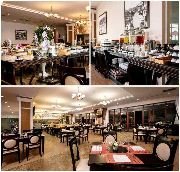 Nhà hàng Swiss-Cafe mang đến không gian thưởng thức ẩm thực ấm cúng, sang trọng với đèn chùm cổ điển và nội thất gỗ màu đen tuyền. (Nguồn: Internet)