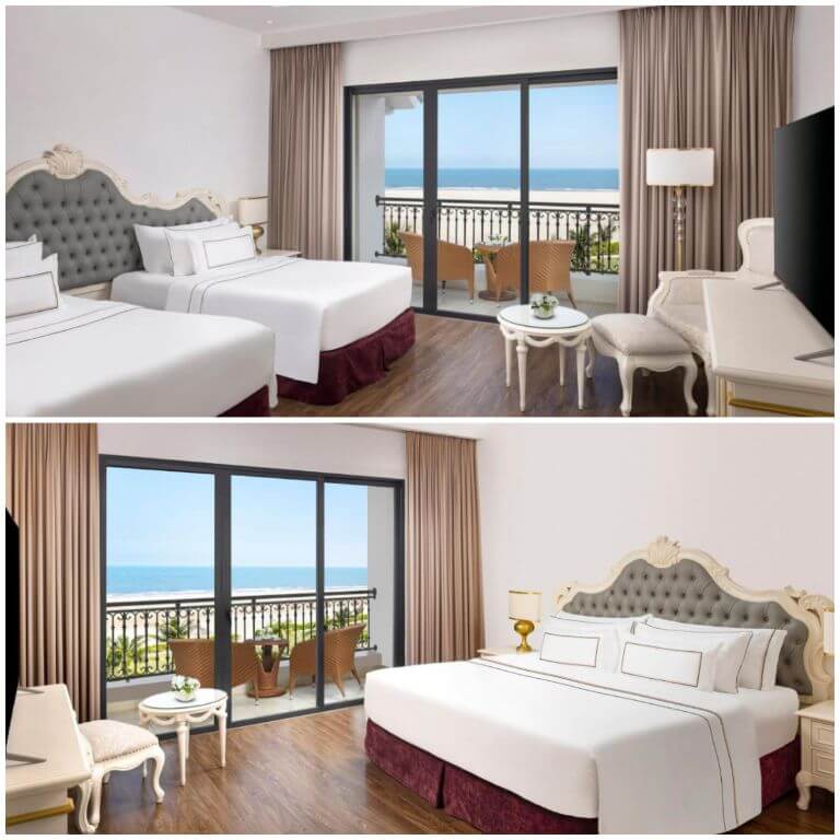Hệ thống phòng nghỉ tại Melia Vinpearl Cua Hoi Beach Resort mang lại cảm giác sang trọng sử dụng màu trắng chủ đạo, khung cửa sổ lớn view nhìn ra biển 