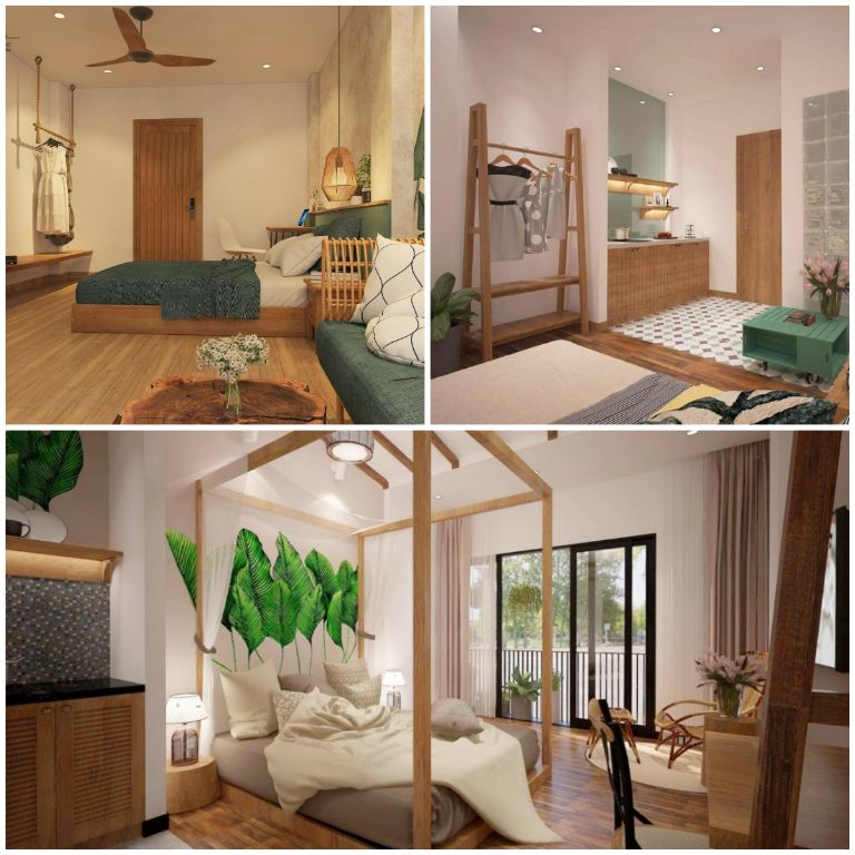 Phòng ngủ hơn hướng kiểu tropical với đồ decor làm từ gỗ, tre, nứa giản dị. (Nguồn: Internet)