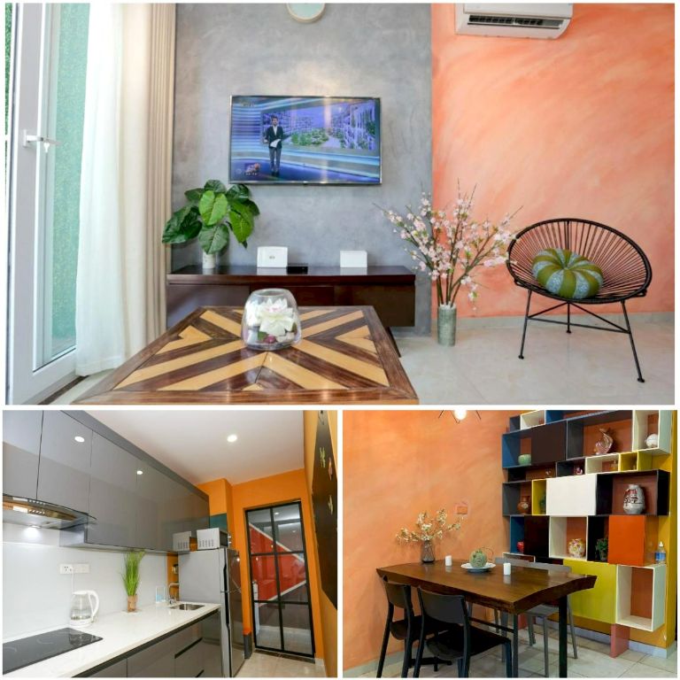 Phòng bếp của homestay Hạ Long và phòng khách sử dụng những màu sắc nổi bật và bắt mắt.