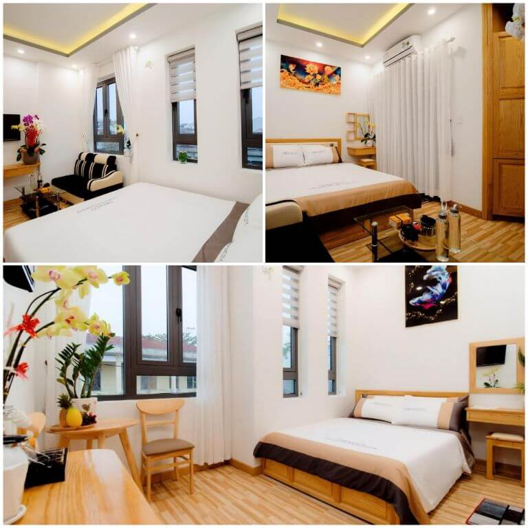 Phòng ngủ tại căn homestay Hội An này được lắp đặt nội thất bằng gỗ kết hợp với màu trắng của phòng trông bắt mắt mà tối giản (Nguồn ảnh: www.booking.com)