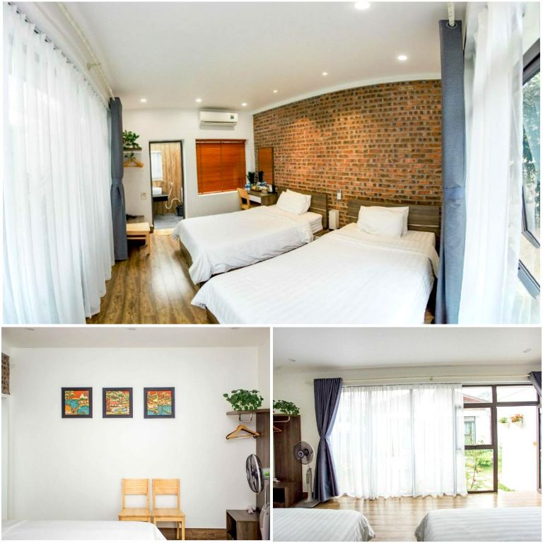 Phòng nghỉ tại homestay sử dụng tông màu trắng chủ đạo, tạo nên không gian tinh tế và hiện đại. 