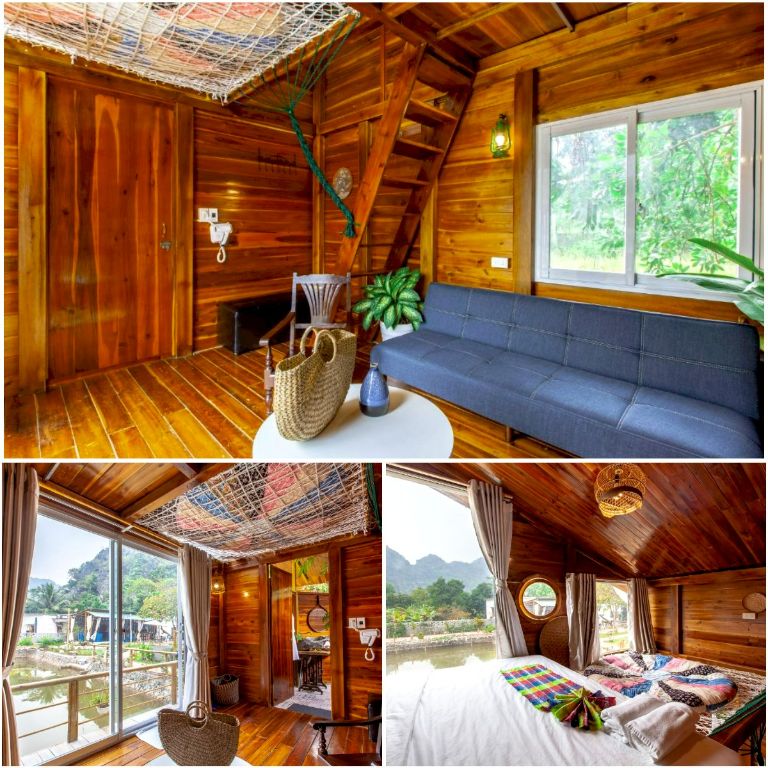Căn nhà gỗ được thiết kế theo kiểu nhà gác xép 2 tầng, phù hợp với những gia đình từ 3 đến 4 thành viên.