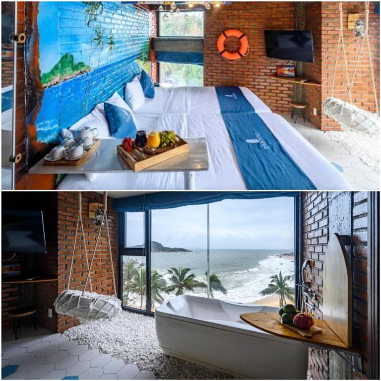 Hạng phòng gia đình view biển có bồn tắm lớn bên cửa kính và nhà tắm khép kín tiện lợi.