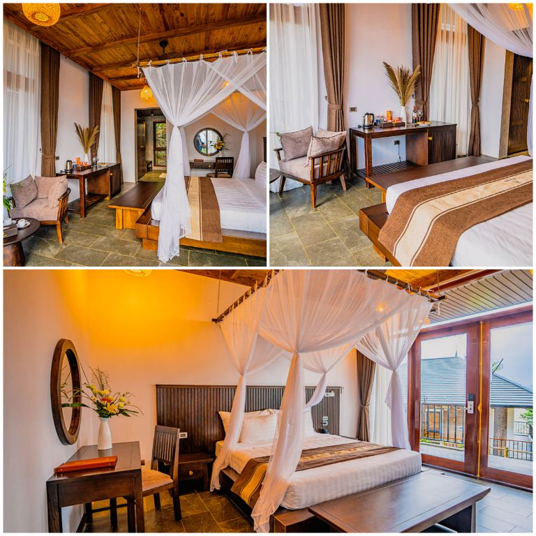 Phòng ngủ bên trong mang đậm phong cách dân tộc truyền thống, tạo cảm giác thư thái và ấm cúng. (Nguồn: puluongbocbandiretreat.com) 