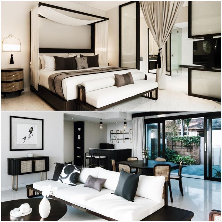 Không gian phòng ngủ được thiết kế theo phong cách phương Đông đương đại, tone màu trung tính chủ đạo cực sang trọng và tinh tế. 