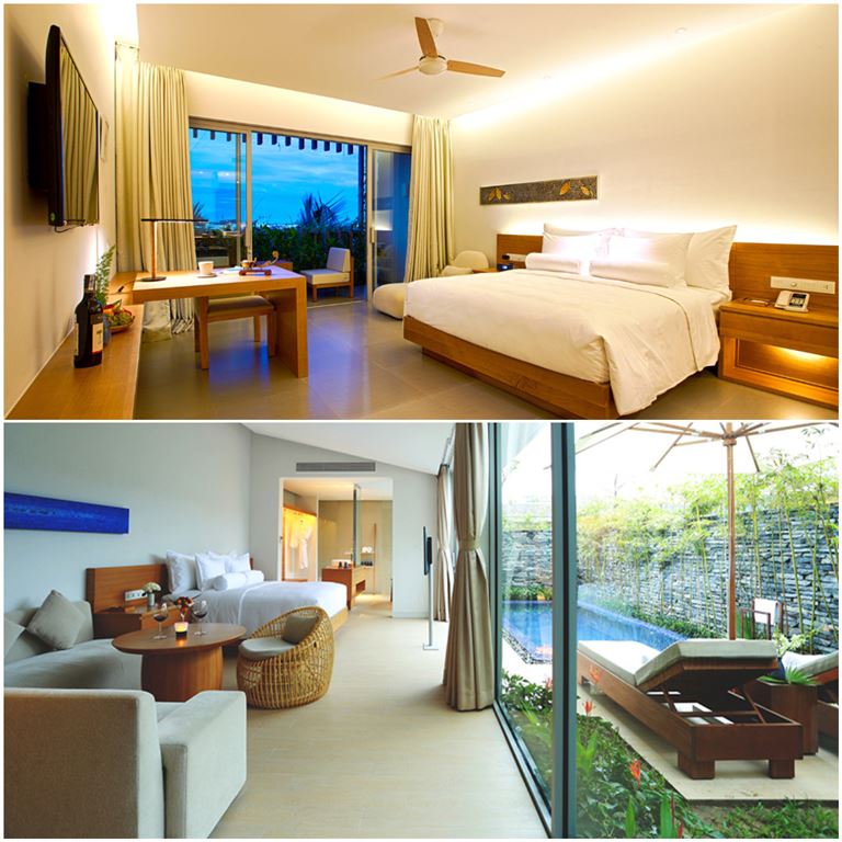 Phòng nghỉ tại Naman Retreat được thiết kế hiện đại, phong cách mở đem đến không gian thoáng đãng, tận dụng tối đa ánh sáng. 
