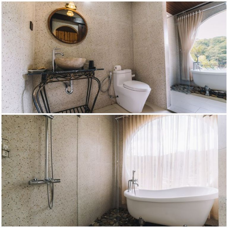Phòng tắm là điểm nhấn ấn tượng của căn phòng này với khu vực bồn tắm có view nhìn ra quang cảnh bên ngoài. (Nguồn: Internet)