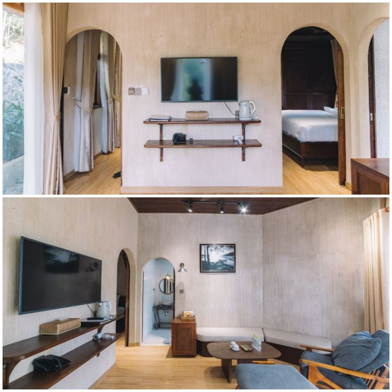 Thiết kế phòng khách hiện đại, trendy với chi tiết vòm cong và nội thất gỗ cao cấp. (Nguồn: Internet)
