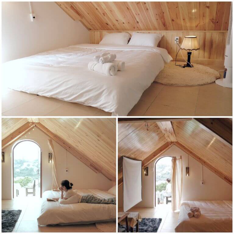 Phòng đơn mái Wooden Pine có thiết kế độc đáo, xây dựng hoàn toàn từ gỗ đặc biệt có máy chiếu + màn chiếu trong phòng 