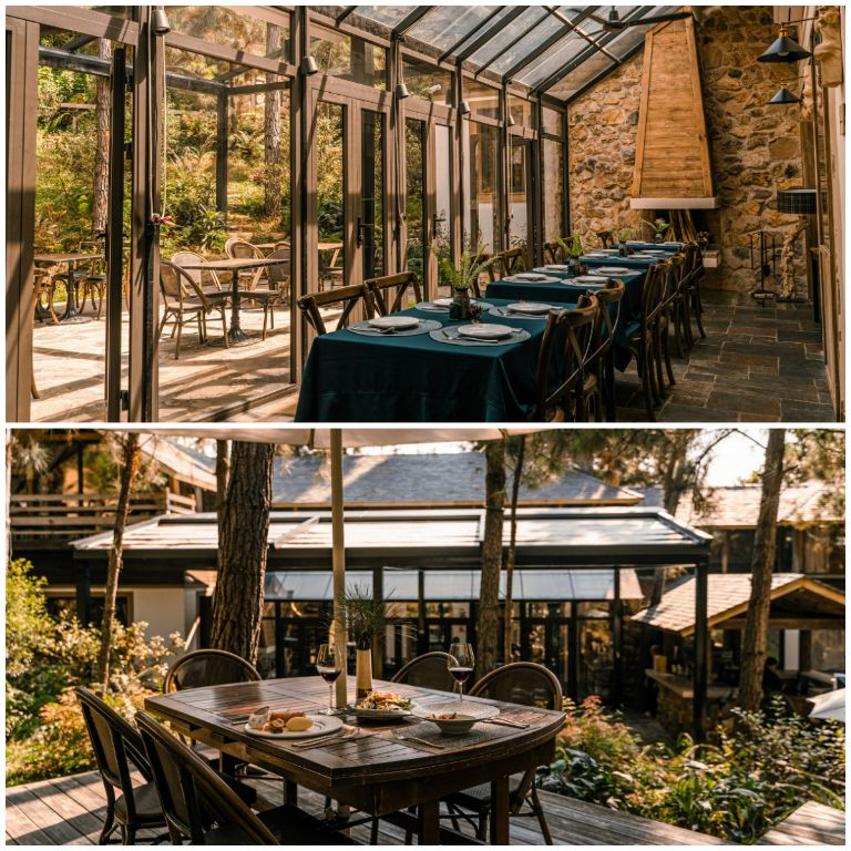 Nhà hàng của homestay mang phong cách thiết kế rất sang trong với view nhìn ra khuôn viên và rừng cây rất thư giãn 