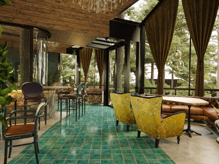 Nhà hàng kính của Amaya Retreat mang phong cách thiết kế Bắc Âu rất sang trọng và có view hướng ra rừng thông xanh mát 