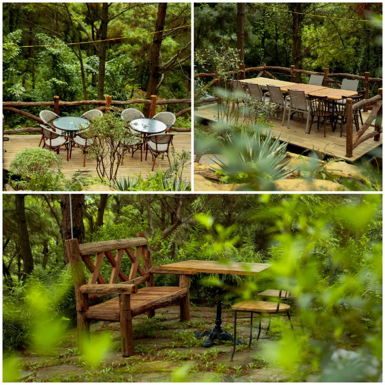 Homestay Sóc Sơn này còn có thiết kế bàn ghế để du khách có thể thưởng thức ăn uống và cảnh đẹp ở ngoài trời 
