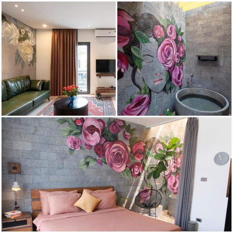 Trong số các phòng nghỉ, căn phòng này là một sự lựa chọn đặc biệt với bức tường không tráng men được trang trí bằng hình vẽ hoa hồng nổi bật, tạo nên điểm nhấn nổi bật cho căn phòng.
