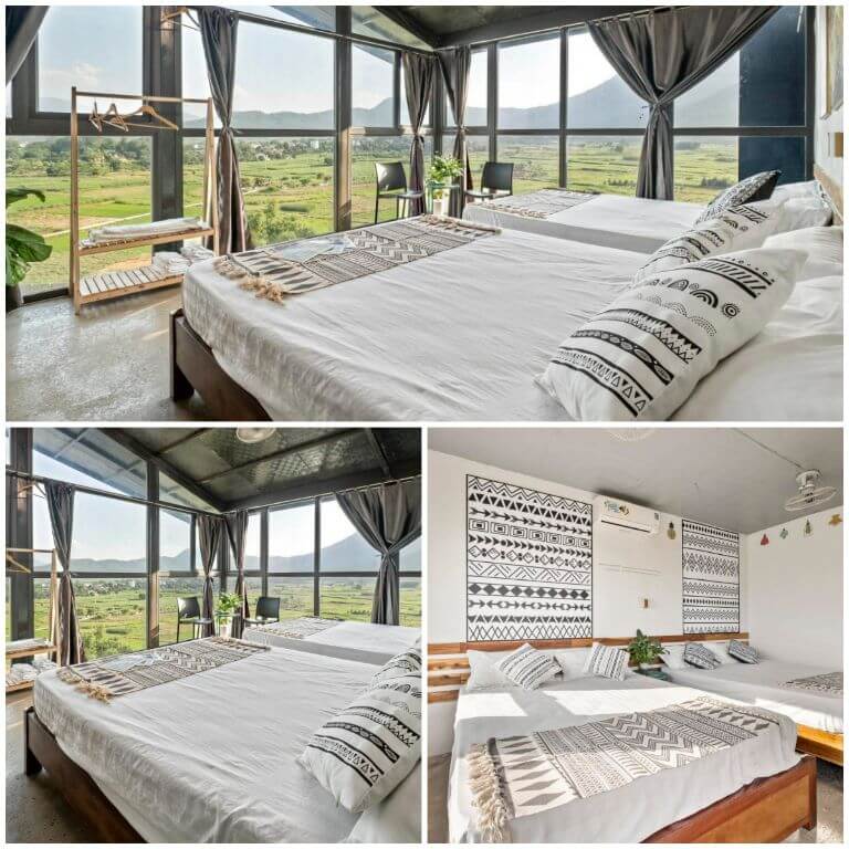 Phòng ngủ 2 giường đôi cục lớn tại homestay với view hướng đồng cỏ cực kỳ mát và nhiều ánh sáng tự nhiên 