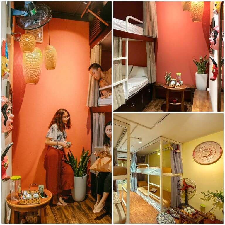 Phòng Hàng Nón/Hàng Mã thiết kế theo kiểu giường tầng với gam màu đỏ hồng và đồ decor như nón, mặt lạ,...