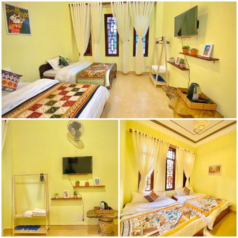 Phòng 4 người với 2 giường đôi sử dụng gam màu vàng nhạt đem đến không gian tươi mưới 