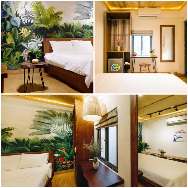 Các phòng nghỉ tại homestay Ba Đình này tuy không có diện tích lớn nhưng lại gây ấn tượng với những bức họa rừng nhiệt đới trên mỗi bức tường