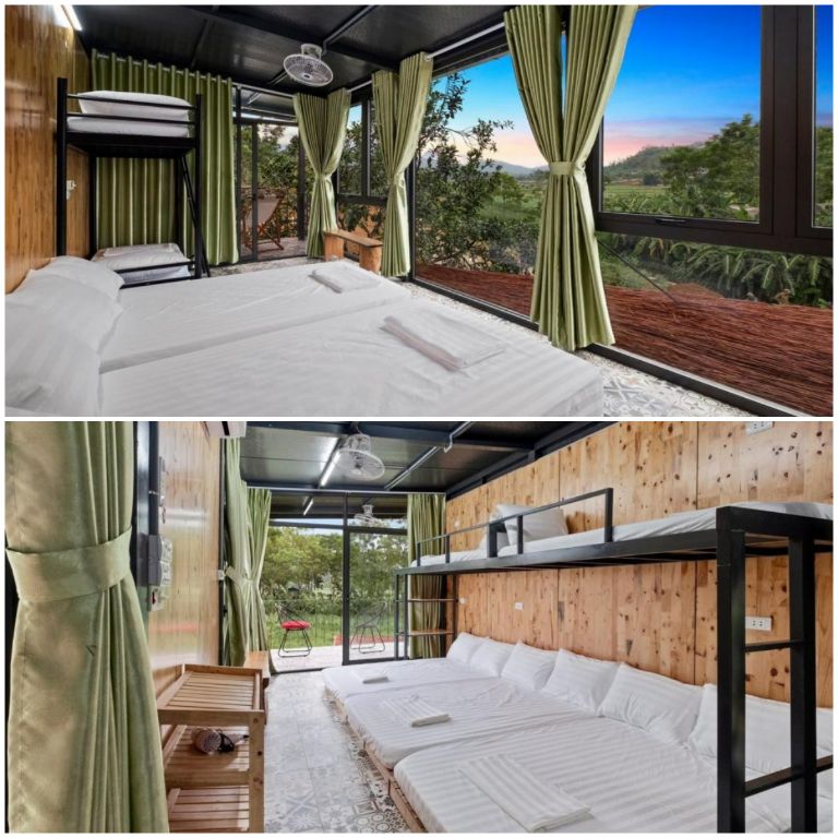 Phòng ngủ rộng đến 40m2 được trang bị các giường ngủ đôi và giường tầng phù hợp cho nhóm du khách đông người 