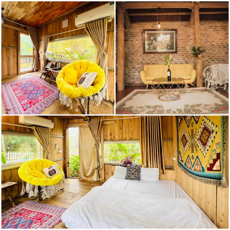 Phòng ngủ của homestay Queen là những nhà sàn có thiết kế rất mộc mạc và chủ yếu được dựng lên bằng gỗ 