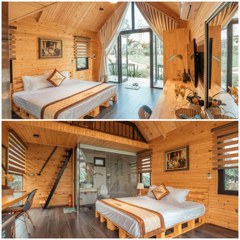 Phòng ngủ được thiết kế gác xếp có tông màu chủ đạo nây vàng rất ấm áp và được trang bị đầy đủ các đồ dùng tiện nghi dành cho du khách 