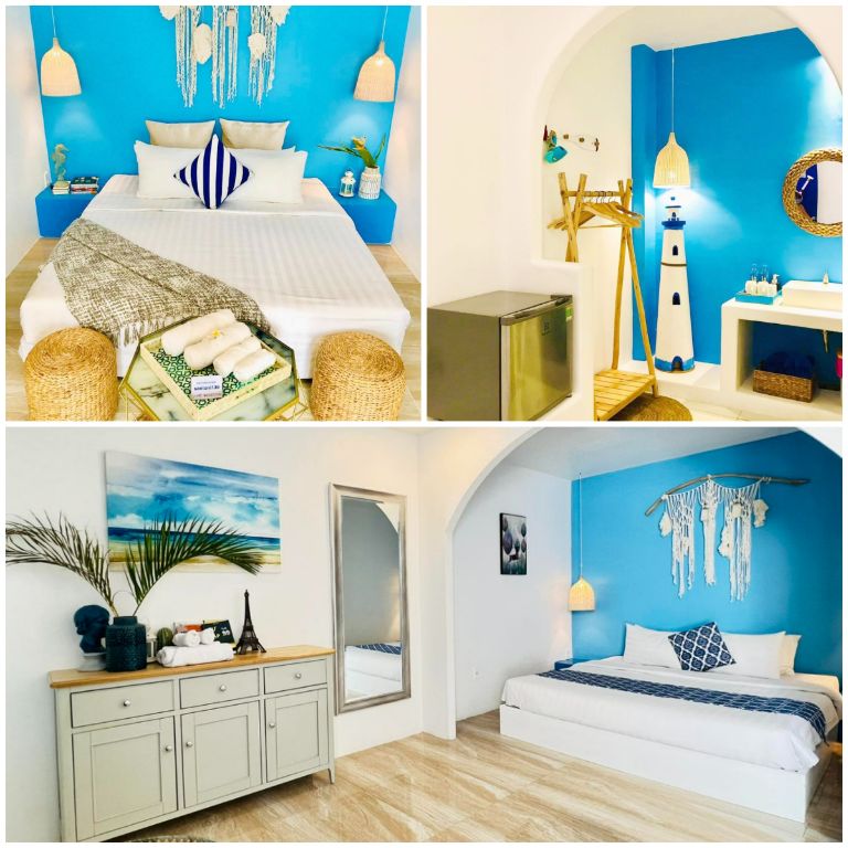 Phòng giường đôi mang phong cách biển cả hiện đại với màu xanh dương cực kì nổi bật. (Nguồn: Internet)