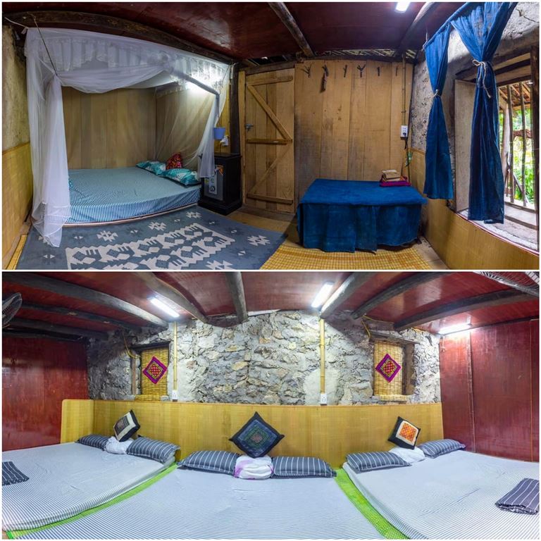 Phòng nghỉ tại Mảy Linh có không gian rộng rãi và được trang trí bằng các hoạ tiết thổ cẩm tươi sáng. 