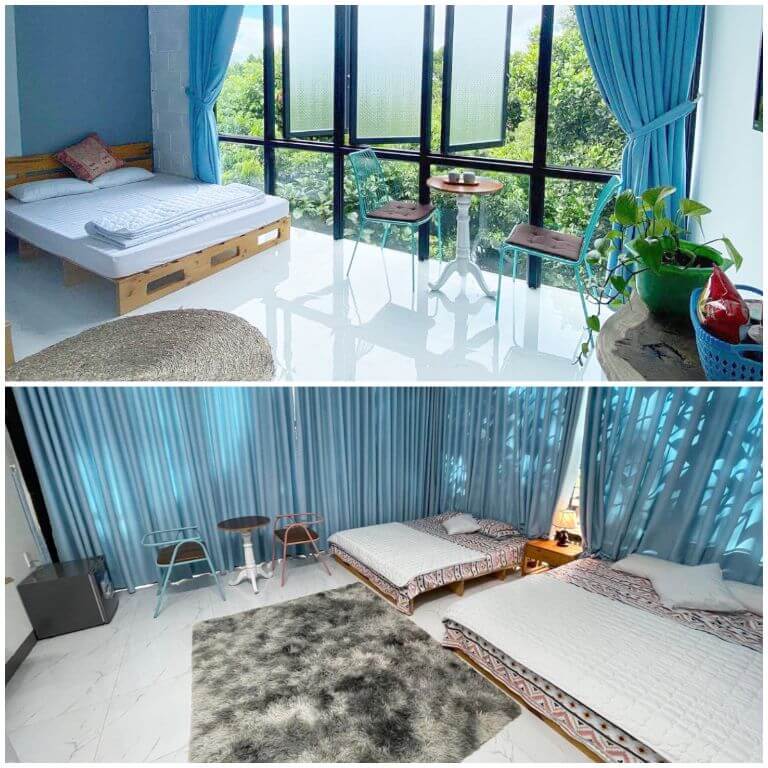 J'rai Homestay Biển Hồ Pleiku được cung cấp giường đôi 1m6x2m sàn nhà được trải thảm lông êm ái đi lại tránh trơn trượt 
