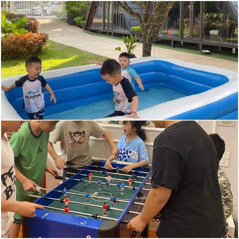 Homestay có khu vui chơi dành cho trẻ em với bể bơi và trò chơi bi lắc bóng đá. 