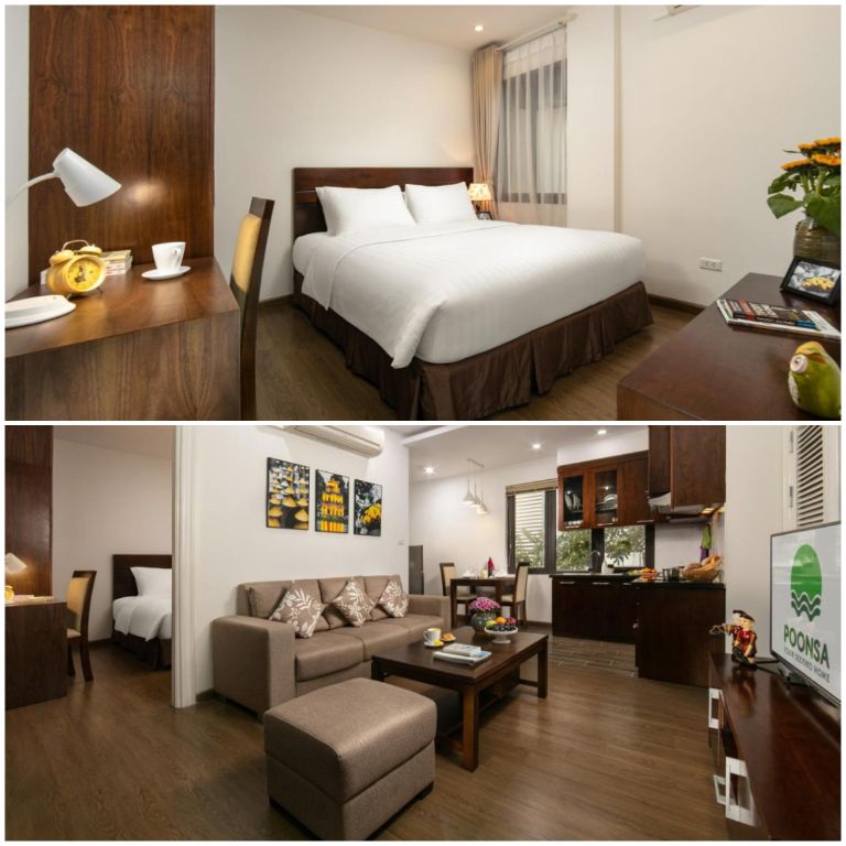 Phòng nghỉ được trang trí với tông màu tối giản, đề cao sự tiện nghi và thoải mái trong không gian nghỉ dưỡng 