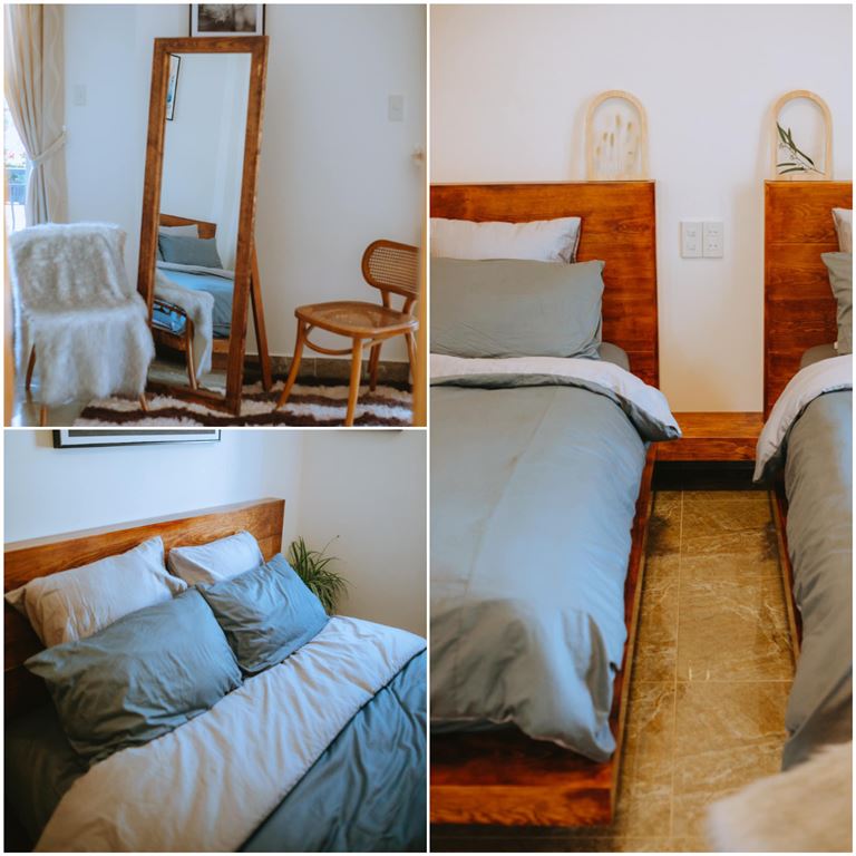 Không gian ấm áp với toàn bộ nội thất làm bằng gỗ thông màu nâu nhạt trong các hạng phòng tại homestay. 