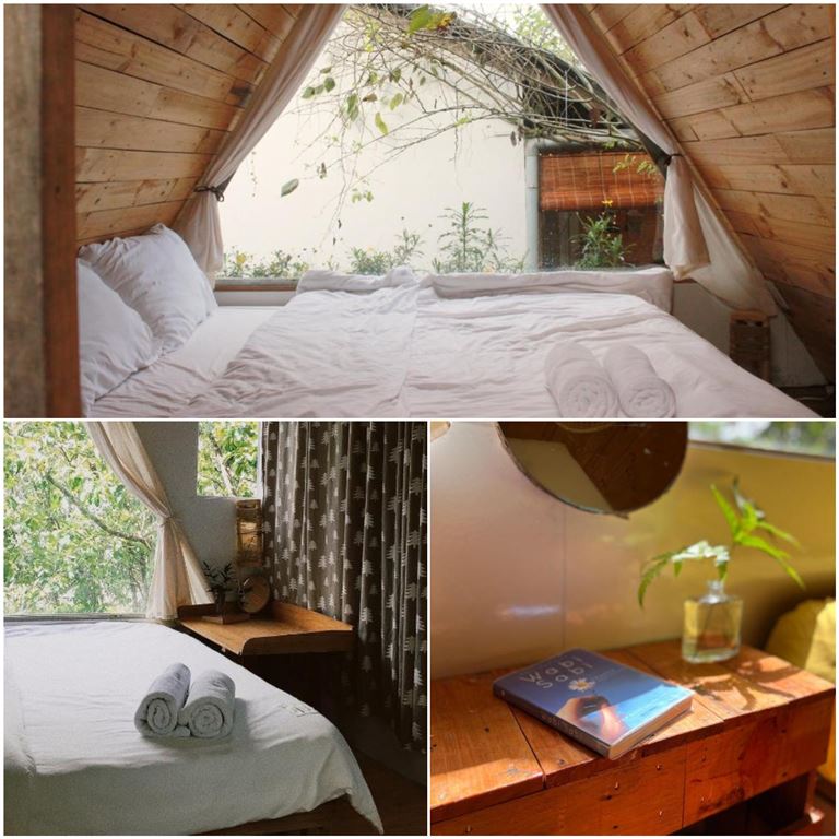 Phòng nghỉ tại Đà Lạt TEEPEE là các căn nhà gỗ với nội thất cũng làm bằng gỗ tạo cảm giác ấm áp và sang trọng. 