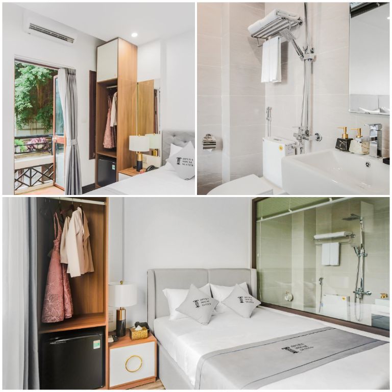 Phòng ngủ tại homestay Hà Nội này mang tông màu trắng sạch sẽ với đầy đủ tiện nghi như điều hòa 2 chiều, tủ lạnh mini 50 lít... 