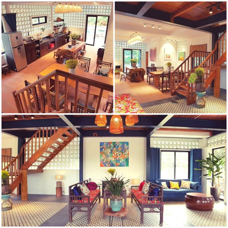 Phòng khách và phòng bếp mang đậm phong cách Á Đông cổ điển với sàn lát gạch bông và nội thất gỗ tối màu. (Nguồn: Internet)