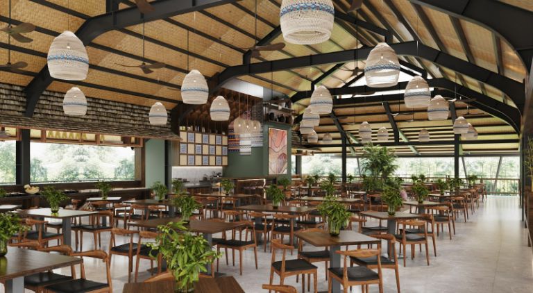 Không gian nhà hàng ăn uống của homestay cung rất rộng rãi mang phong cách thiết kế hiện đại tiện nghi